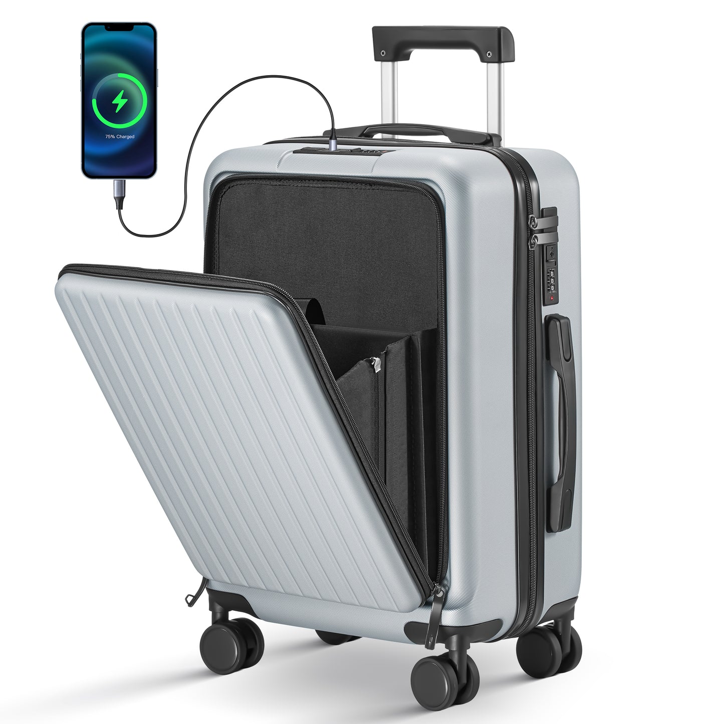 Carry on Luggage 22 X 14 X 9 Airline Approved, 20 Inch Suitcase with Front Compartment, Double Spinner Wheels with Lock, ABS Material