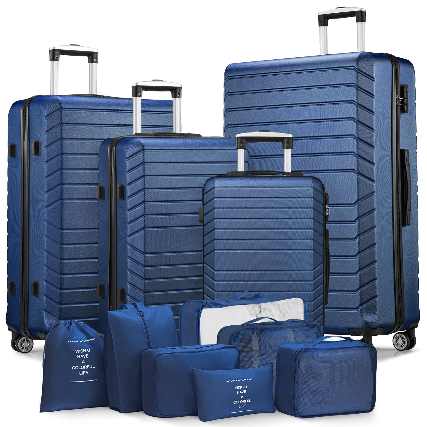 4 PC Luggage Sets with 7 Pieces Organizer Bags, 20/24/28/32 inch ABS Carry-on and Checked Suitcase Large Travel Sets, Navy