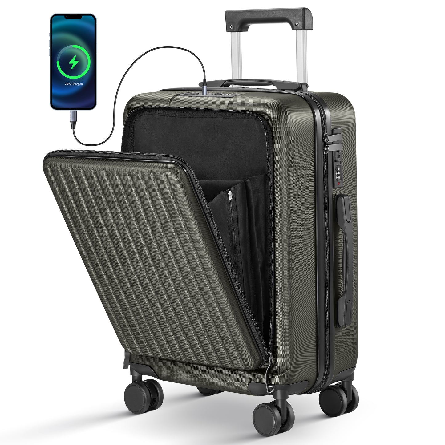 Carry on Luggage 22 X 14 X 9 Airline Approved, 20 Inch Suitcase with Front Compartment, Double Spinner Wheels with Lock, ABS Material