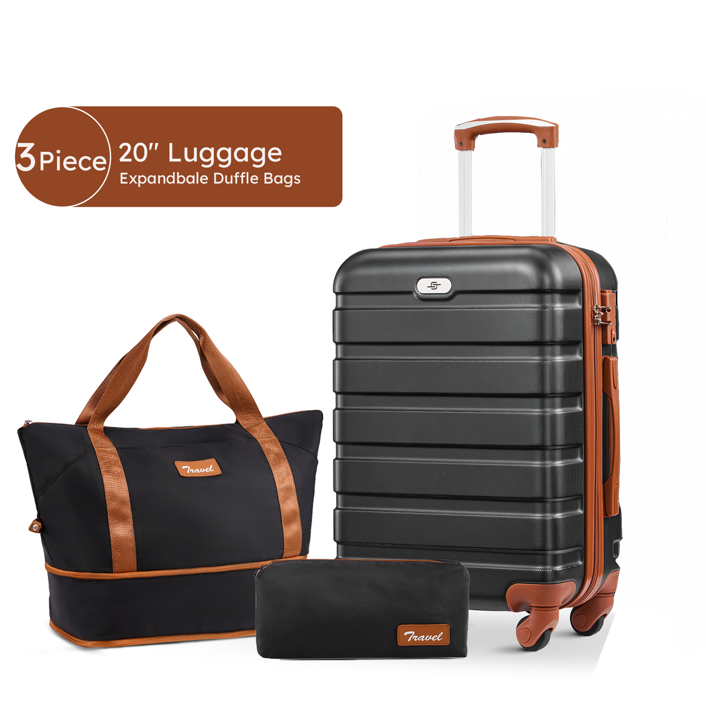3 pcs travel carry-on luggage sets, 20inch carry on luggage for airplane, and expandable duffle bags
