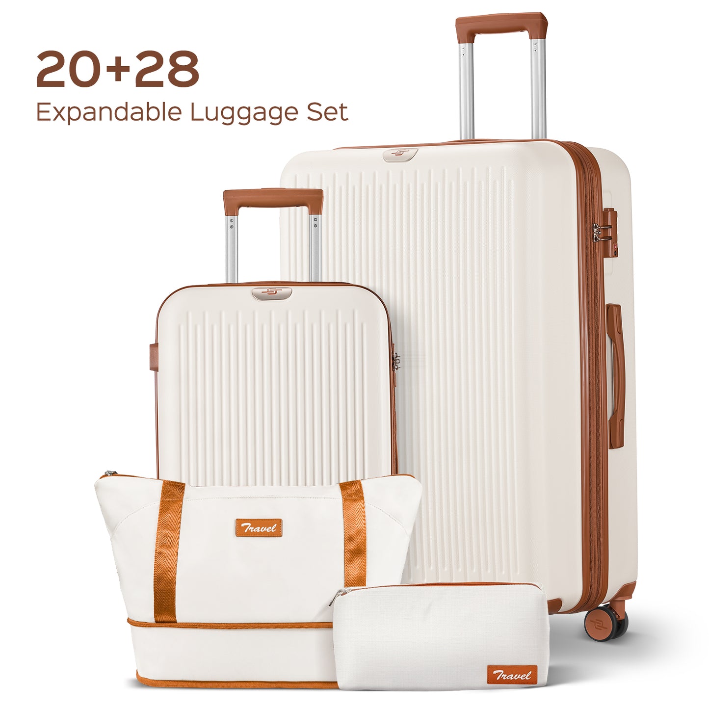 Expandable Luggage 4 Piece Sets, 20+28" Luggage Travel Suitcase with Duffle Bags, White