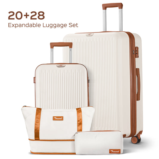 Expandable Luggage 4 Piece Sets, 20+28" Luggage Travel Suitcase with Duffle Bags, White