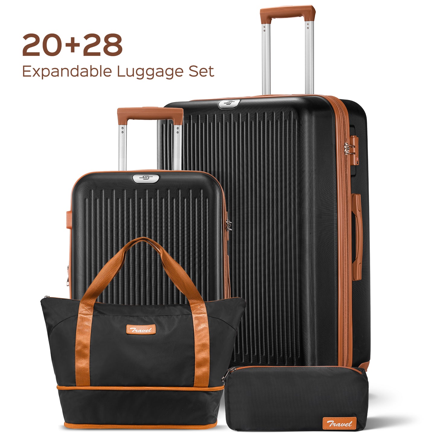 Expandable Luggage 4 Piece Sets, 20+28" Luggage Travel Suitcase with Duffle Bags, White