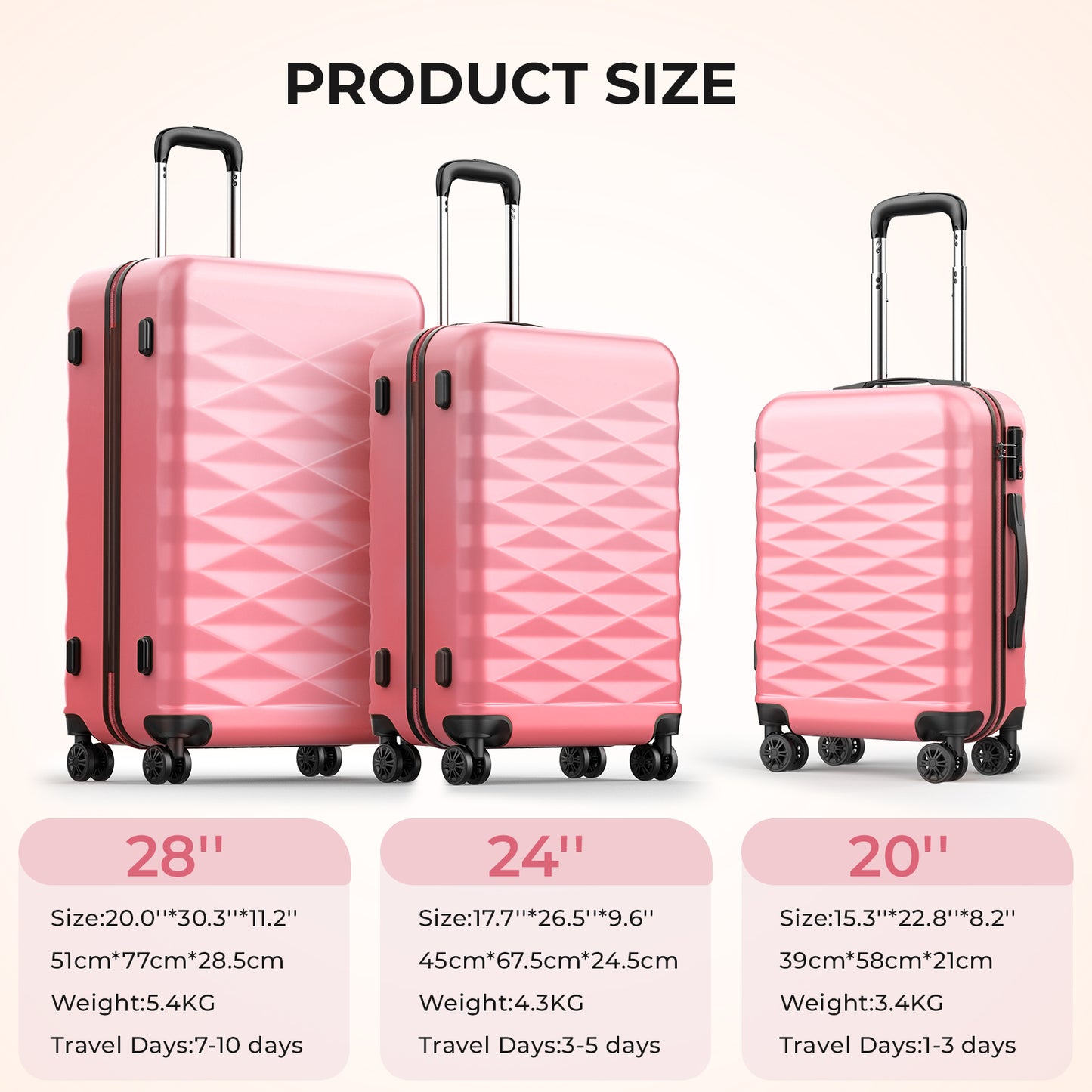 3 Piece Luggage Sets Hardshell Suitcase Sets Spinner Wheel TSA Lock Large Travel Luggage, 20/24/28 Inch