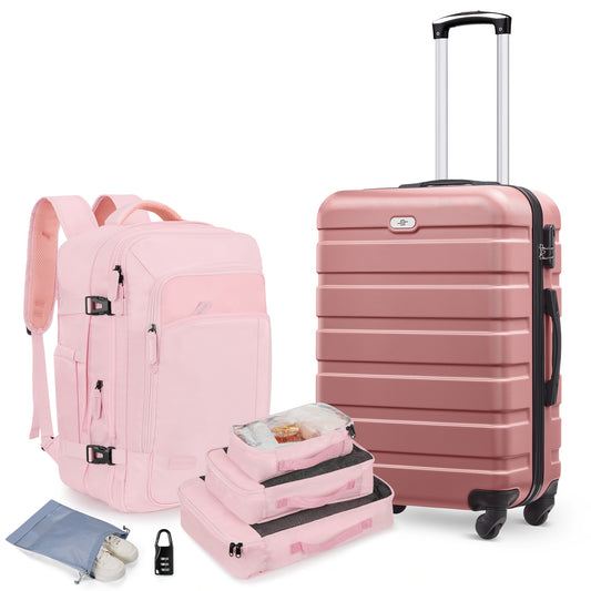 6 Piece Hardside Luggage Set 20 inch Hardshell Lightweight Spinner Wheels Carry-on Suitcase with Backpack.