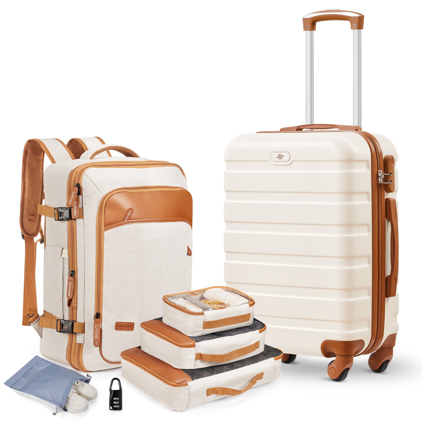 6 Piece Hardside Luggage Set 20 inch Hardshell Lightweight Spinner Wheels Carry-on Suitcase with Backpack.