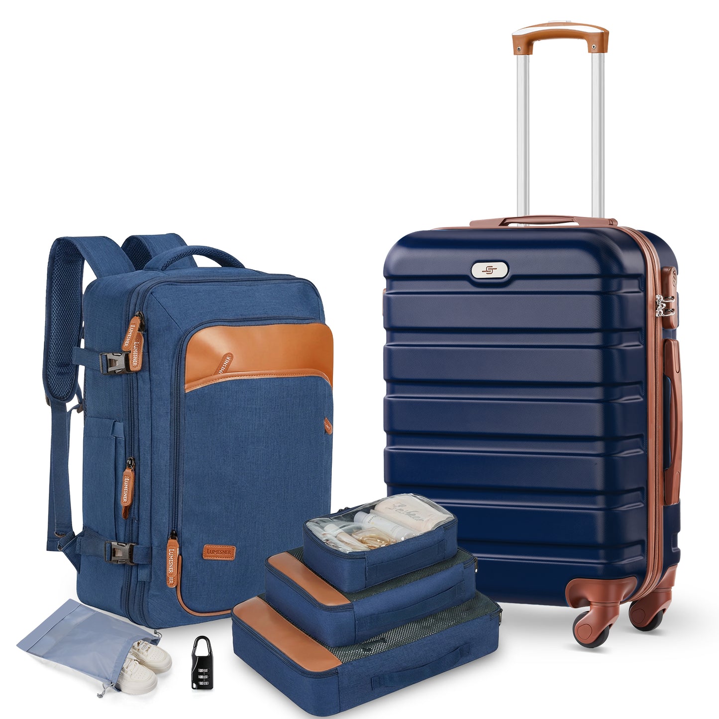 6 Piece Hardside Luggage Set 20 inch Hardshell Lightweight Spinner Wheels Carry-on Suitcase with Backpack.