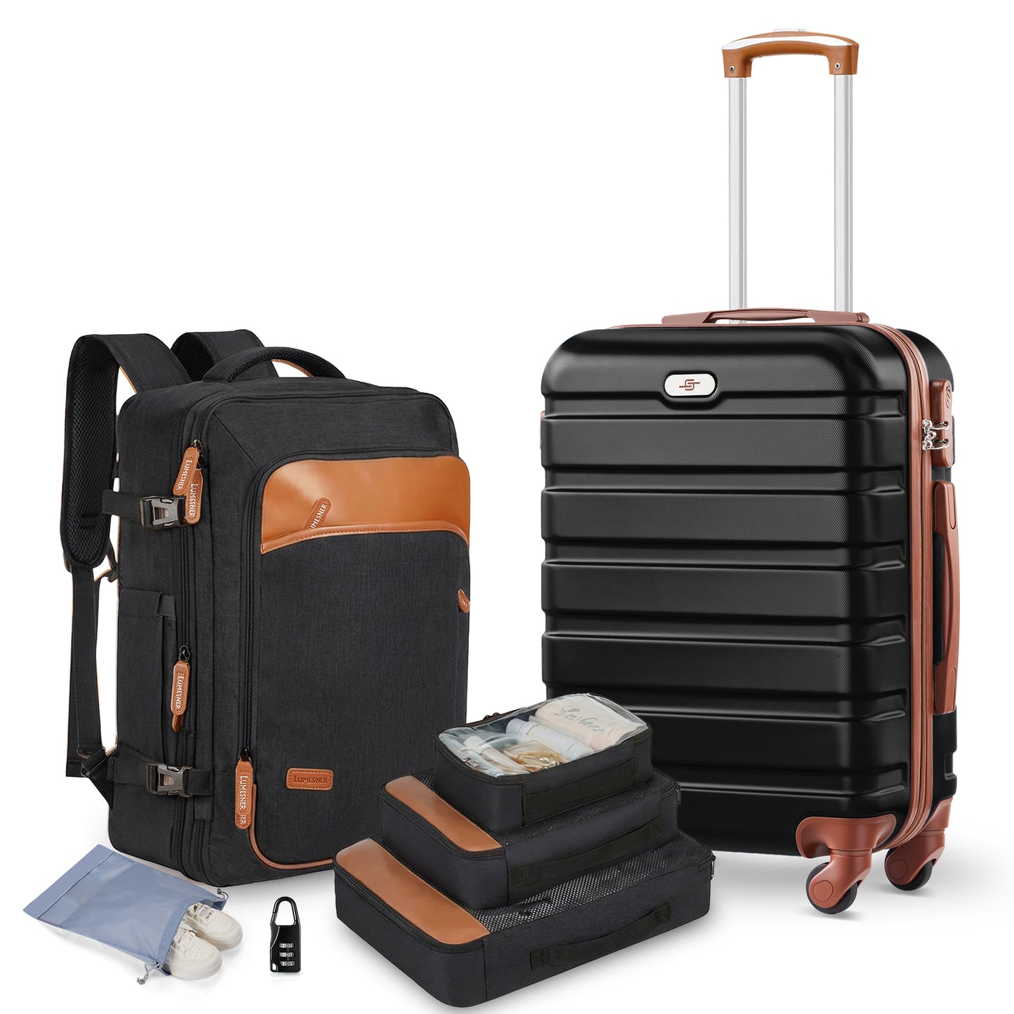 6 Piece Hardside Luggage Set 20 inch Hardshell Lightweight Spinner Wheels Carry-on Suitcase with Backpack.