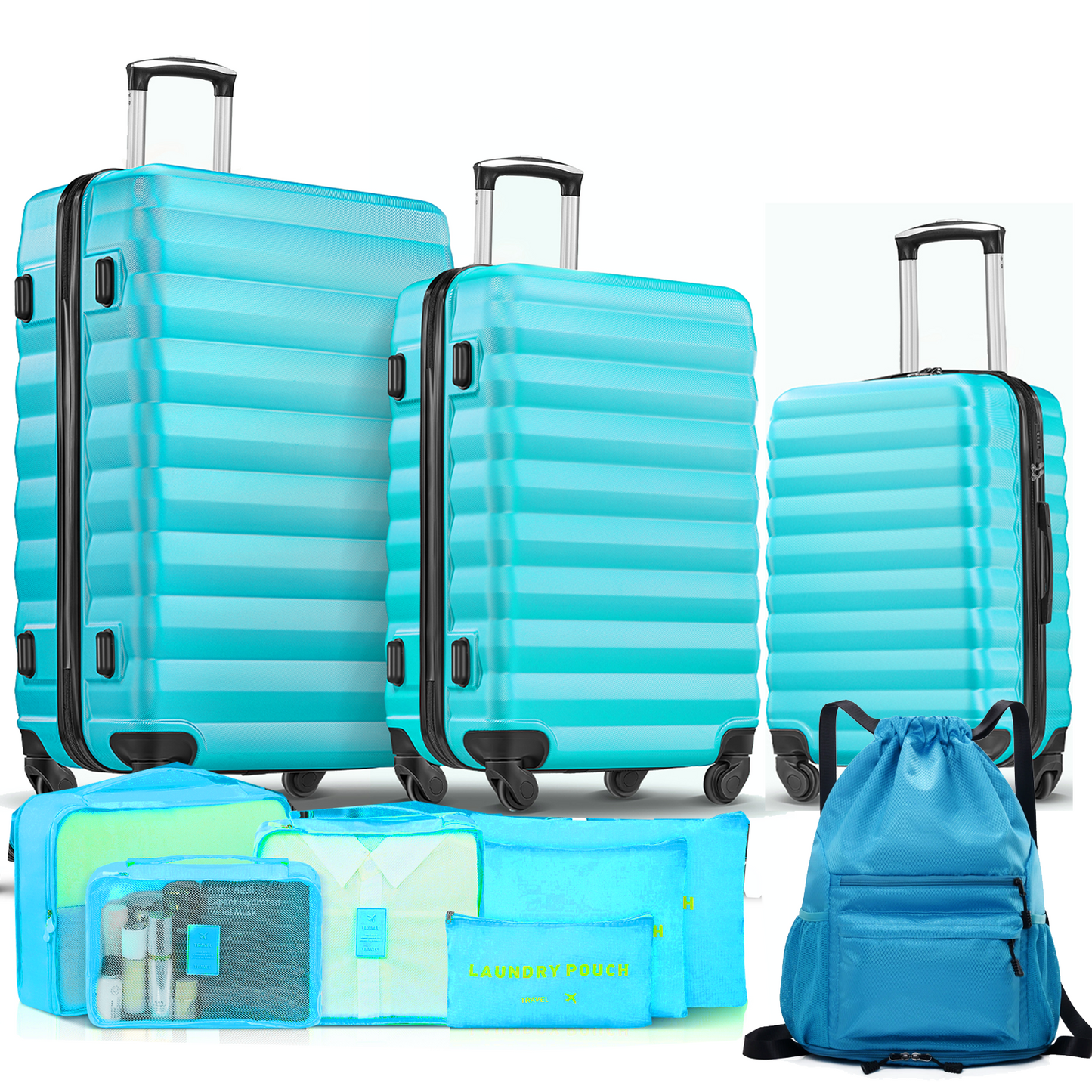 10 Piece Hardside Luggage Set 28/24/20 inch Hardshell Lightweight Spinner Wheels Carry-on and Checked Suitcase with Backpack and 6 Packing Cubes