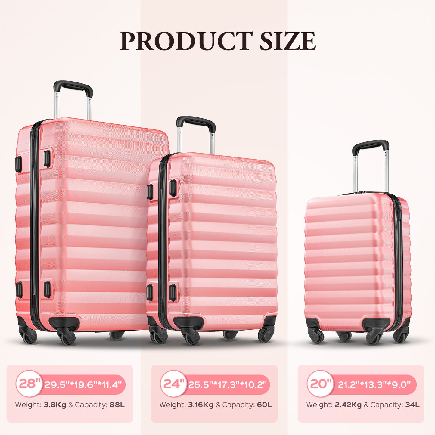 Luggage Set 3 Piece Suitcase Sets with Spinner Wheel, ABS Hardside Travel Laggage